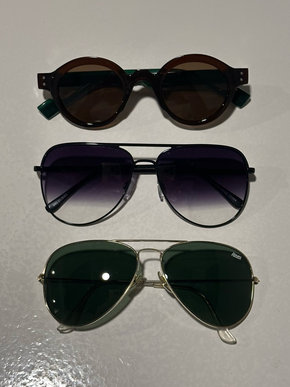Retro Sunglasses Bundle- Rayex Gold & Green Lenses, Black Aviator, Brown & Green